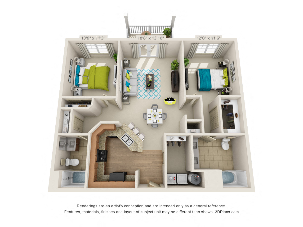 Floor plan for 2 beds, 2 baths, 1047 sqft